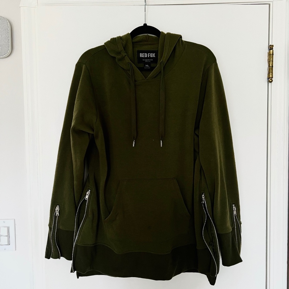 Rare Unisex Olive Green Red Fox Size XL Chunky Zippered Streetwear Hoodie